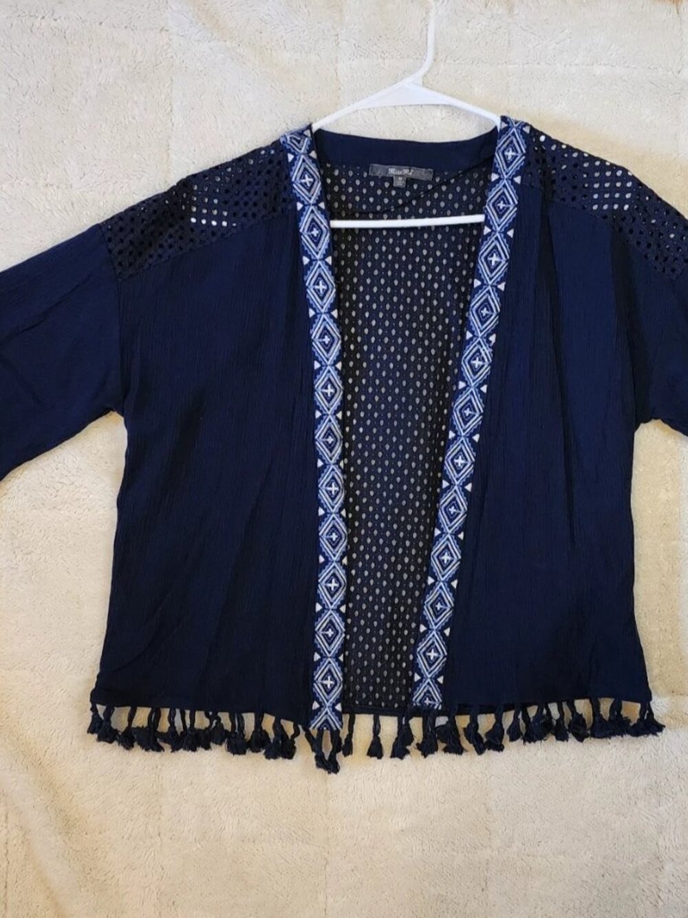 Miss Me Womens Boho Kimono Cardigan Navy Blue Tassel Trim Open Front Size M
